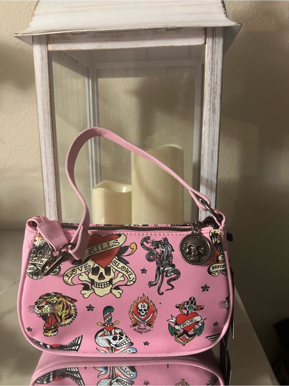 Ed Hardy Pink Tattoo-Print shoulder Bag with Charm